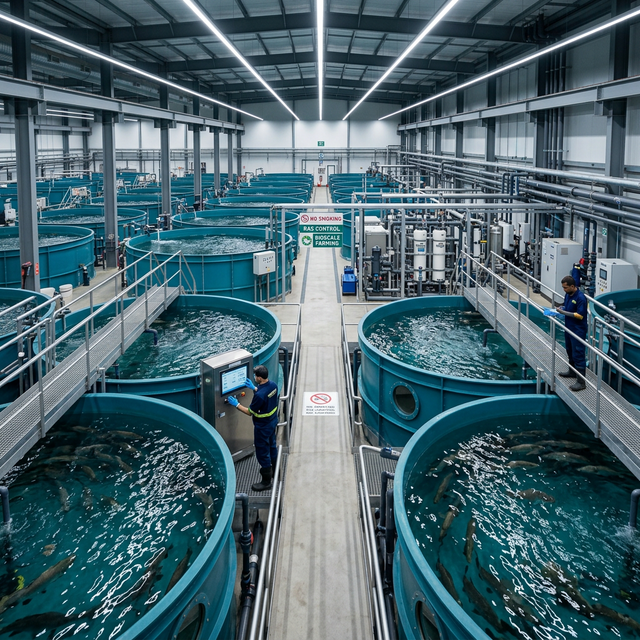Indoor Recirculating Aquaculture System (RAS) fish farming facility